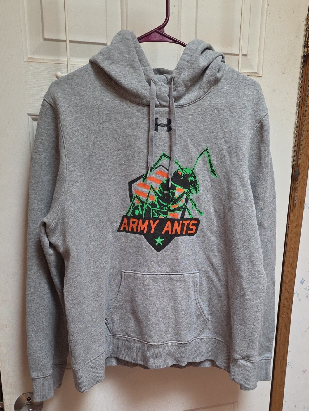 Under Armour Gray Hoodie with Green and Orange Army Ants Graphic